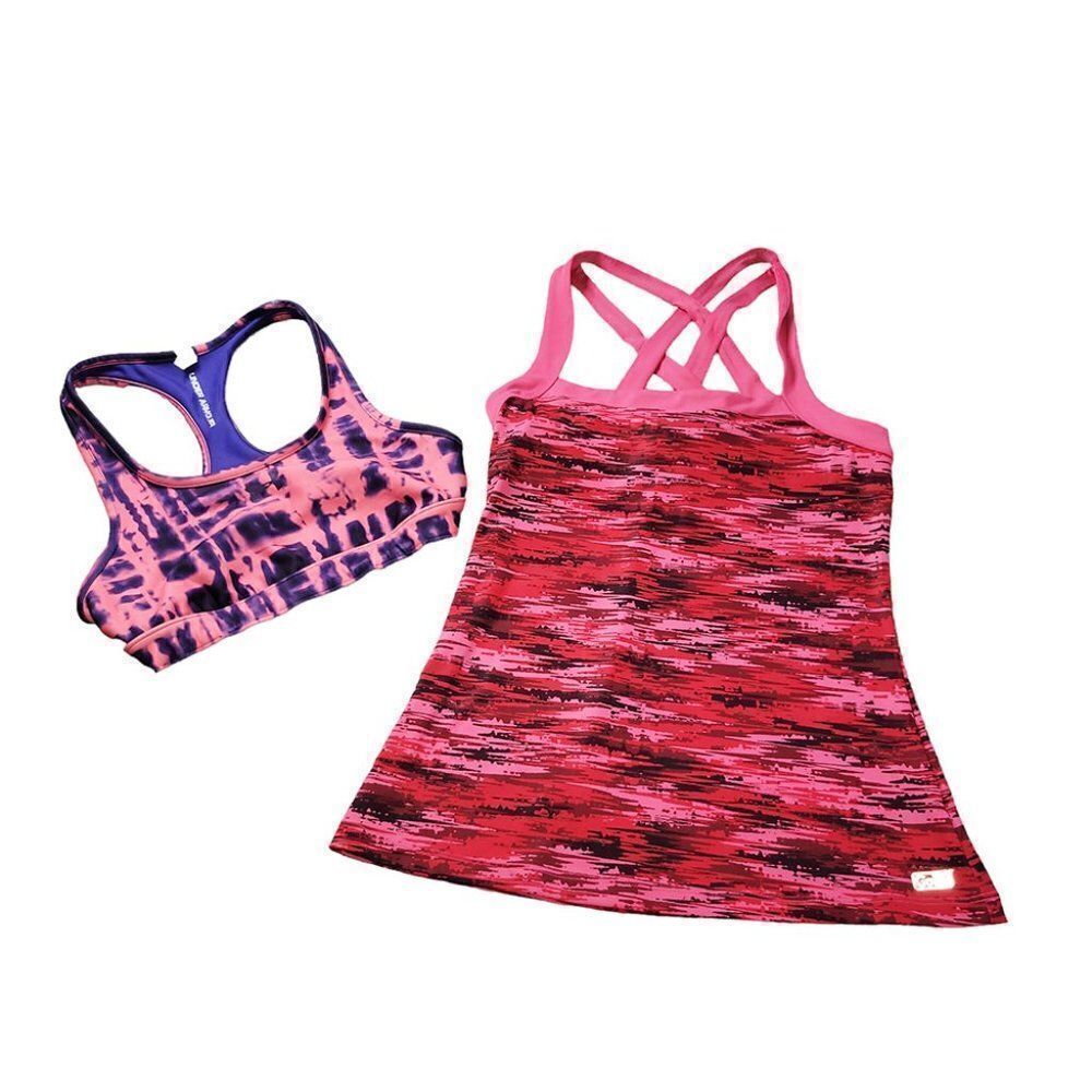 Under Armour pink purple sports bra and Go Fit athletic tank bundle